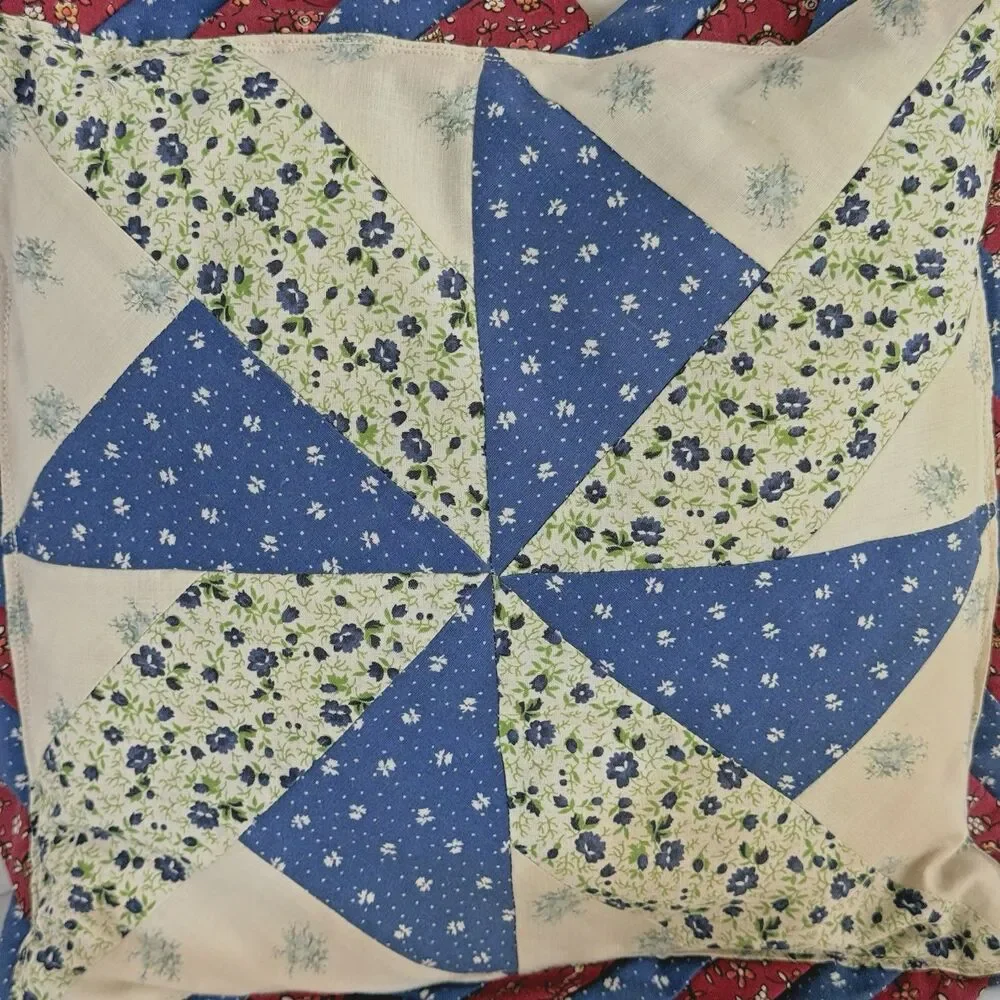 VTG Handmade Pillow Patchwork Quilt Pinwheel Pattern Red Blue Calico 13